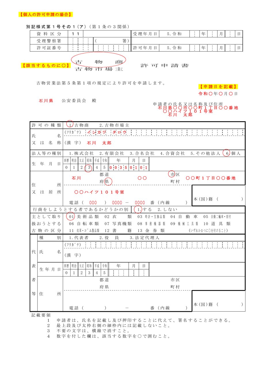古物商許可申請書 その1(ア) 記載例
